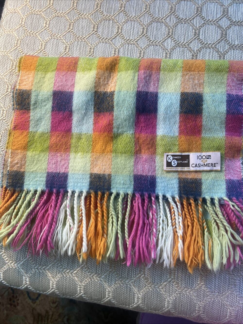 VTG Kennedy Scotland 100% Cashmere Scarf Pastel Plaid Check Tartan Soft Winter